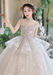 Beautiful Grey Sequins Patchwork Tulle Kids Maxi Dresses Summer