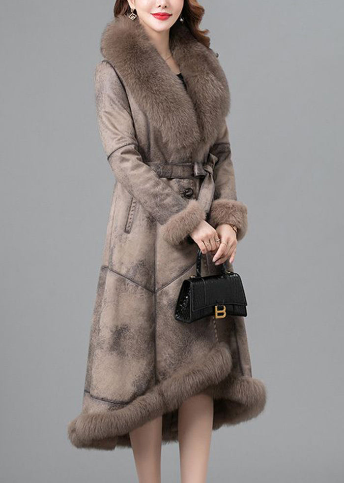 Beautiful Khaki Fox Collar Tie Waist Fuzzy Rabbit Leather And Fur Coats Winter