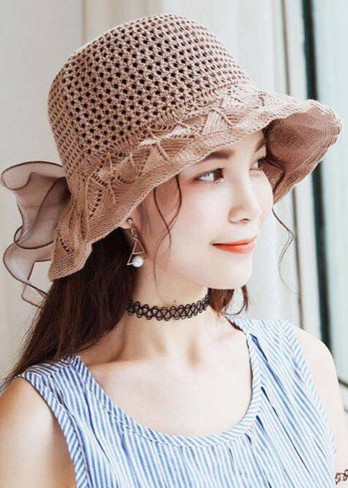 Beautiful Khaki Hollow Out Bow Cotton Knit Bucket Hat