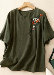 Beautiful Khaki O Neck Embroidered Linen T Shirts Summer