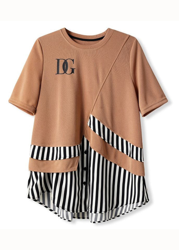 Beautiful Khaki O Neck Striped Patchwork Cotton T Shirt Summer