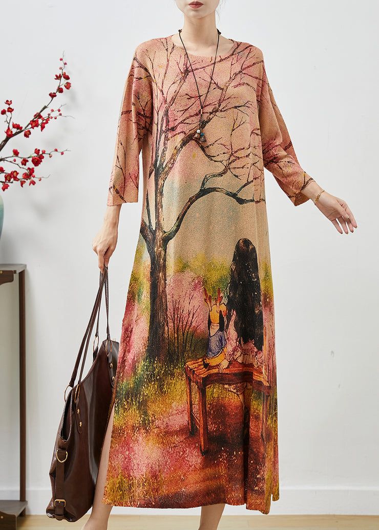 Beautiful Khaki Oversized Print Knit Long Dresses Fall