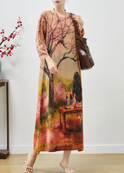 Beautiful Khaki Oversized Print Knit Long Dresses Fall