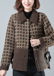 Beautiful Khaki Peter Pan Collar Pockets Plaid Faux Fur Coats Winter