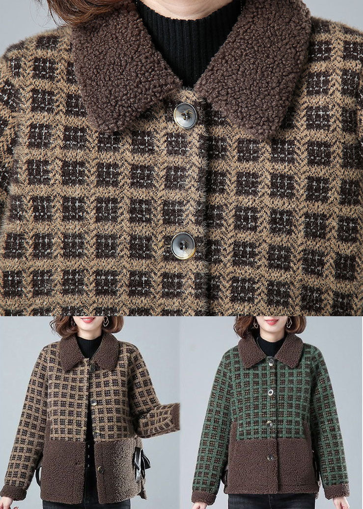 Beautiful Khaki Peter Pan Collar Pockets Plaid Faux Fur Coats Winter