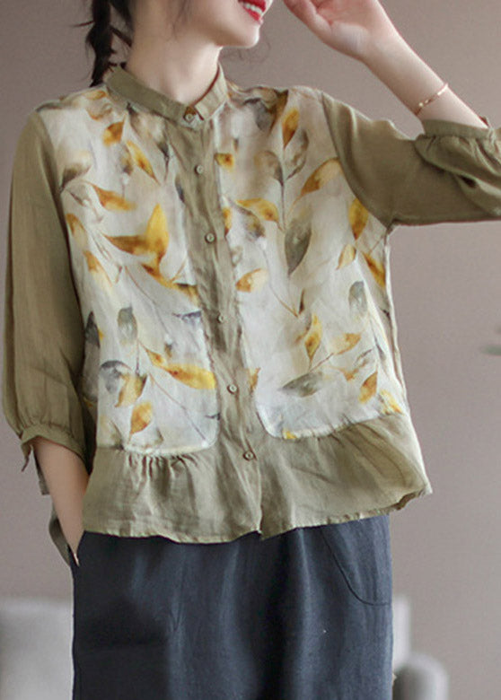 Beautiful Khaki Peter Pan Collar Print Linen Shirt Long Sleeve