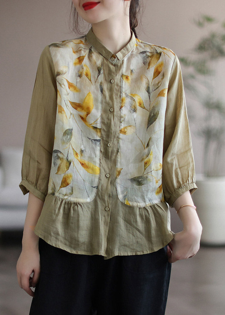 Beautiful Khaki Peter Pan Collar Print Linen Shirt Long Sleeve