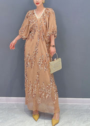 Beautiful Khaki Sequins Wrinkled Tulle Party Long Dress Puff Sleeve