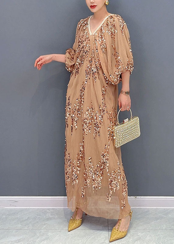 Beautiful Khaki Sequins Wrinkled Tulle Party Long Dress Puff Sleeve