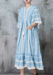 Beautiful Lake Blue Oversized Drawstring Cotton Maxi Dresses Summer