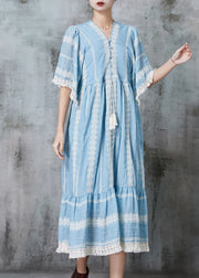 Beautiful Lake Blue Oversized Drawstring Cotton Maxi Dresses Summer