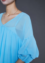 Beautiful Lake Blue Oversized Wrinkled Chiffon Maxi Dress Fall