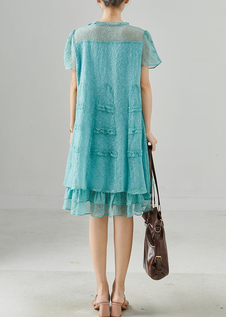 Beautiful Lake Green Tasseled Ruffled Silk Dress Summer