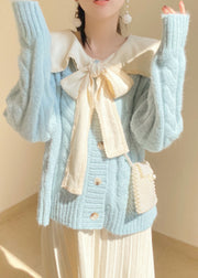 Beautiful Light Blue Bow Collar Cozy Knit Sweater Tops Winter