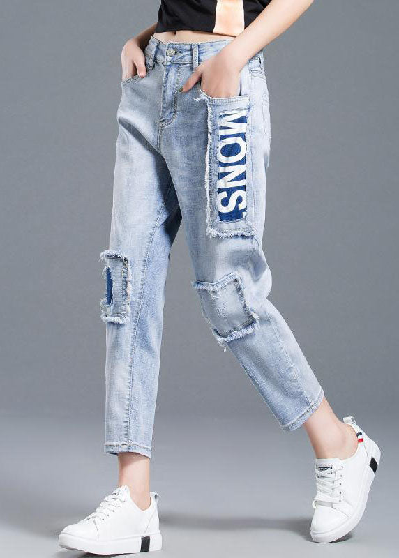 Beautiful Light Blue High Waist Letter Print Cotton Denim Jeans Summer