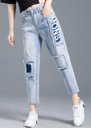 Beautiful Light Blue High Waist Letter Print Cotton Denim Jeans Summer