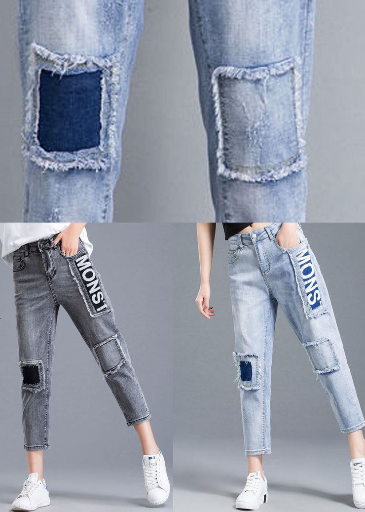 Beautiful Light Blue High Waist Letter Print Cotton Denim Jeans Summer