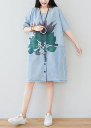 Beautiful Light Blue Oversized Patchwork Print Cotton Denim Dress Summer