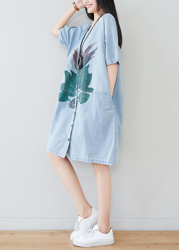 Beautiful Light Blue Oversized Patchwork Print Cotton Denim Dress Summer