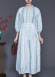 Beautiful Light Blue Striped Patchwork Lace Cotton Dresses Spring