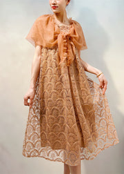 Beautiful Light Coffee Ruffled Patchwork Lace Mid Dress Summer