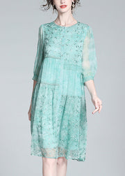 Beautiful Light Green O-Neck Embroideried Button Long Dresses Summer