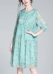 Beautiful Light Green O-Neck Embroideried Button Long Dresses Summer