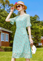 Beautiful Light Green O-Neck Embroideried Silk Mid Dresses Short Sleeve