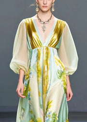 Beautiful Light Green V Neck Print Silk Holiday Dress Fall