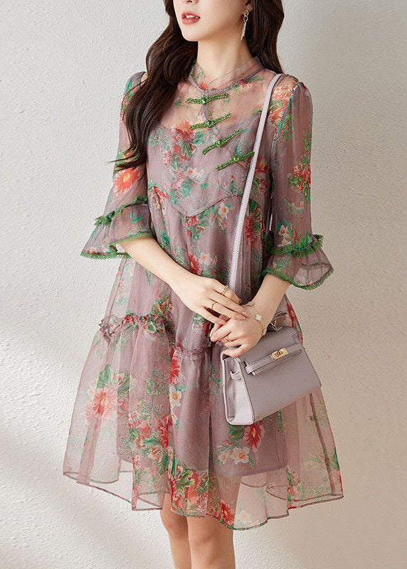 Beautiful Light Purple Ruffled Chinese Button Print Tulle Oriental Dresses Summer