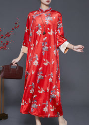 Beautiful Mulberry Print Silk Velvet Chinese Style Dresses Spring