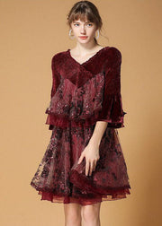 Beautiful Mulberry V Neck Organza Patchwork Silk Velour Dresses Flare Sleeve