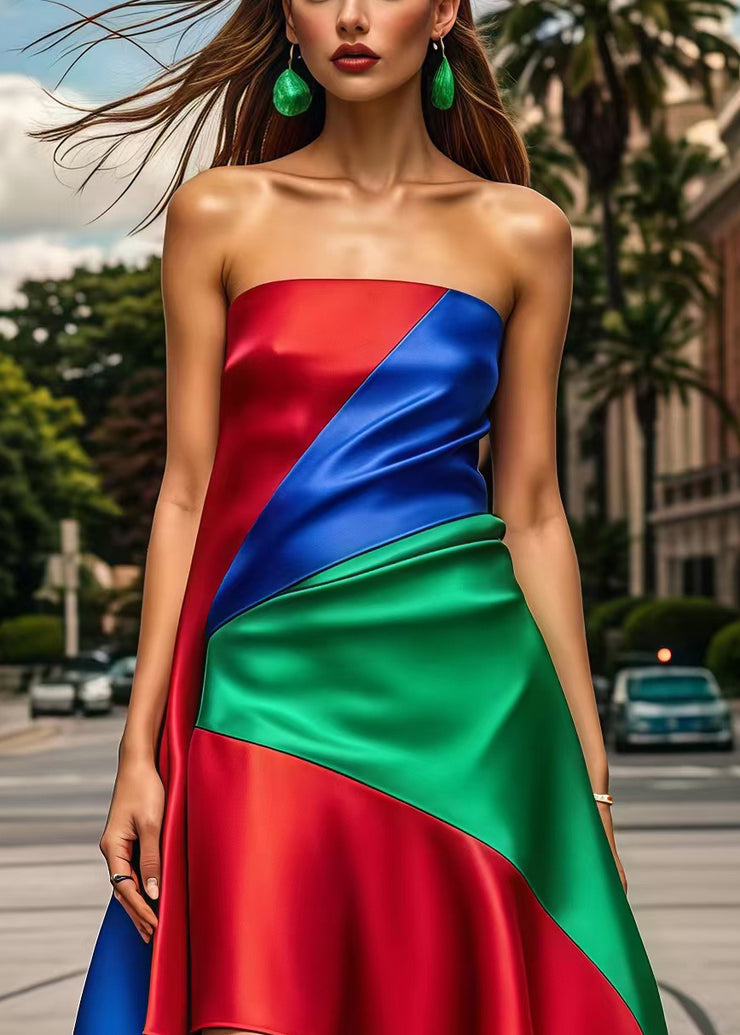 Beautiful Multicolor Asymmetrical Patchwork Silk Strapless Dress Summer