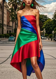 Beautiful Multicolor Asymmetrical Patchwork Silk Strapless Dress Summer