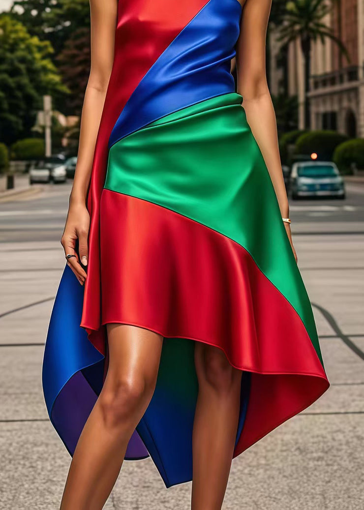 Beautiful Multicolor Asymmetrical Patchwork Silk Strapless Dress Summer