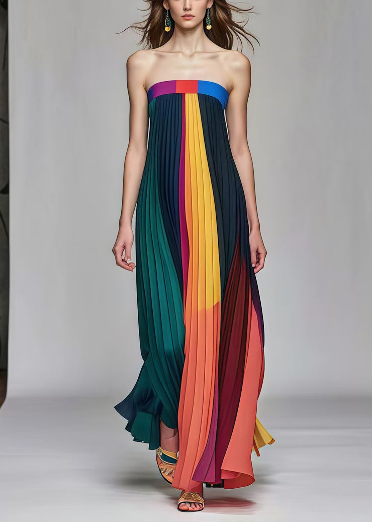 Beautiful Multicolor Backless Chiffon Strapless Pleated Dress Summer