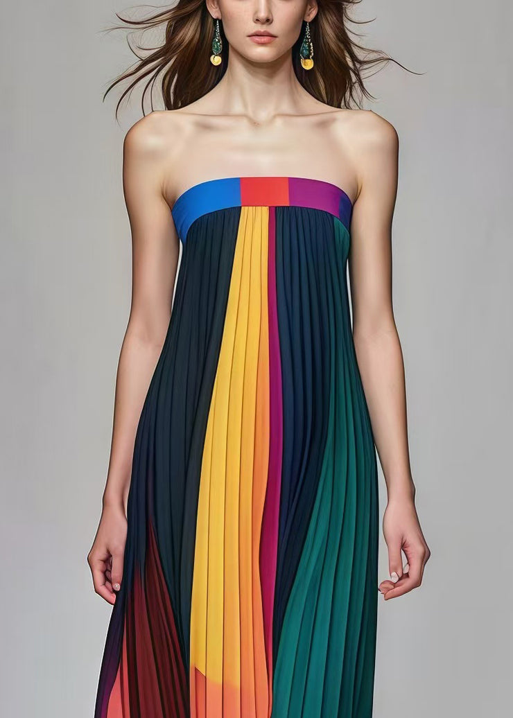 Beautiful Multicolor Backless Chiffon Strapless Pleated Dress Summer