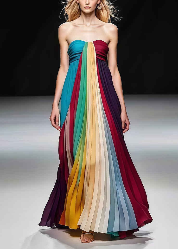 Beautiful Multicolor Bustier Top Backless Chiffon Full Pleated Dress Summer