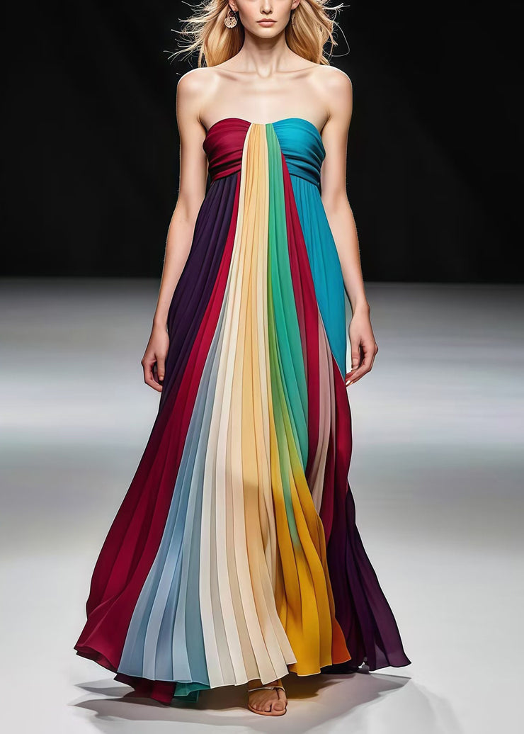 Beautiful Multicolor Bustier Top Backless Chiffon Full Pleated Dress Summer