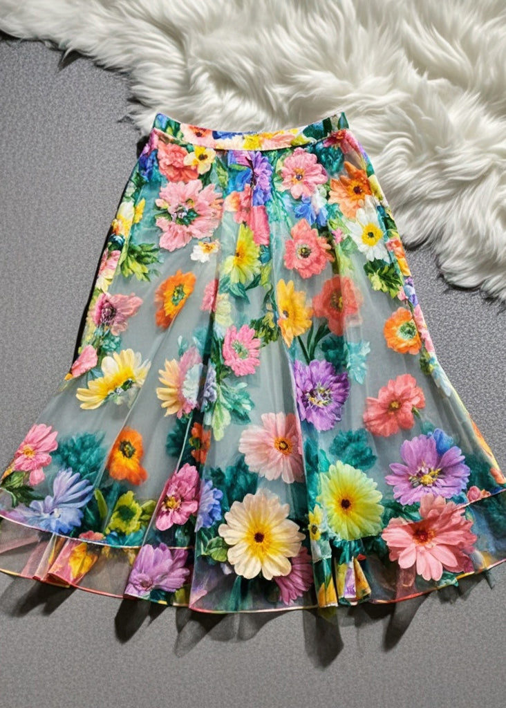 Beautiful Multicolor Floral Print Tulle Skirt Summer