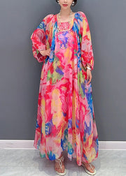 Beautiful Multicolor Square Collar Print Chiffon Maxi Dress Long Sleeve