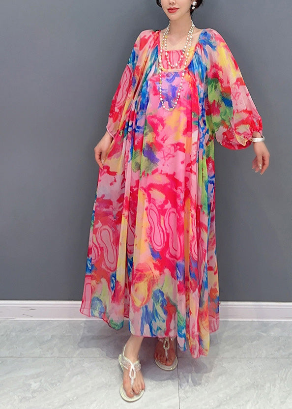 Beautiful Multicolor Square Collar Print Chiffon Maxi Dress Long Sleeve