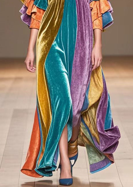 Beautiful Multicolor V Neck Patchwork Silk Velvet Maxi Dress Butterfly Sleeve