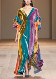 Beautiful Multicolor V Neck Patchwork Silk Velvet Maxi Dress Butterfly Sleeve