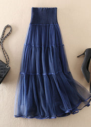 Beautiful Navy High Waist Patchwork Tulle Pleated Skirt Spring