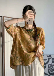 Beautiful Navy O Neck Print Chinese Button Patchwork Linen Tops Summer