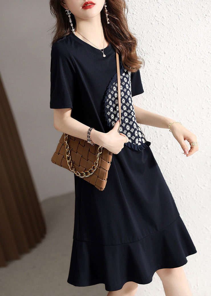 Beautiful Navy O Neck Ruffled Patchwork Cotton Dresses Summer