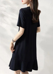 Beautiful Navy O Neck Ruffled Patchwork Cotton Dresses Summer