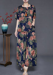 Beautiful Navy Oversized Print Silk Two Pieces Set Summer