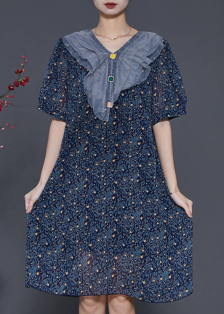 Beautiful Navy Peter Pan Collar Print Chiffon Maxi Dresses Summer